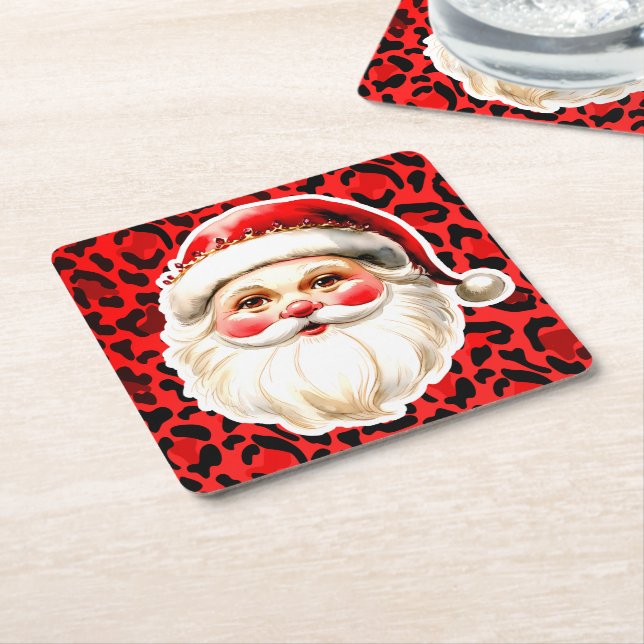 Porta-copo De Papel Quadrado Red Leopardo Imprime Retro Papai Noel Natal (Inclinado)