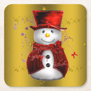 Porta-copo De Papel Quadrado Red Snowmen no Dourado