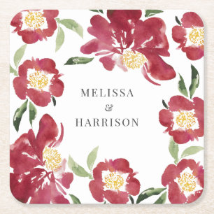 Porta-copo De Papel Quadrado Red Watercolor Peony Wedding