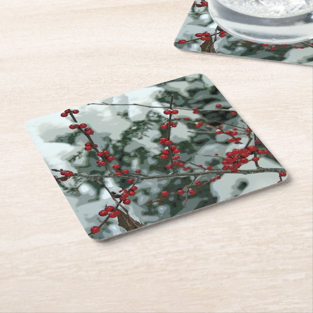 Porta-copo De Papel Quadrado Red Winter Berries - Porta copos de Natal (Inclinado)