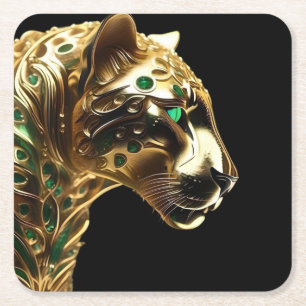 Porta-copo De Papel Quadrado Regal Grace: A Jaguar Dourada Adornada com Emerald