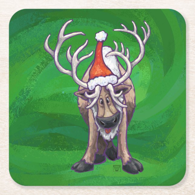 Porta-copo De Papel Quadrado Reindeer Christmas On Green (Frente)
