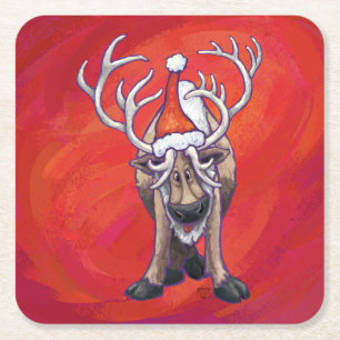 Porta-copo De Papel Quadrado Reindeer Christmas On Green