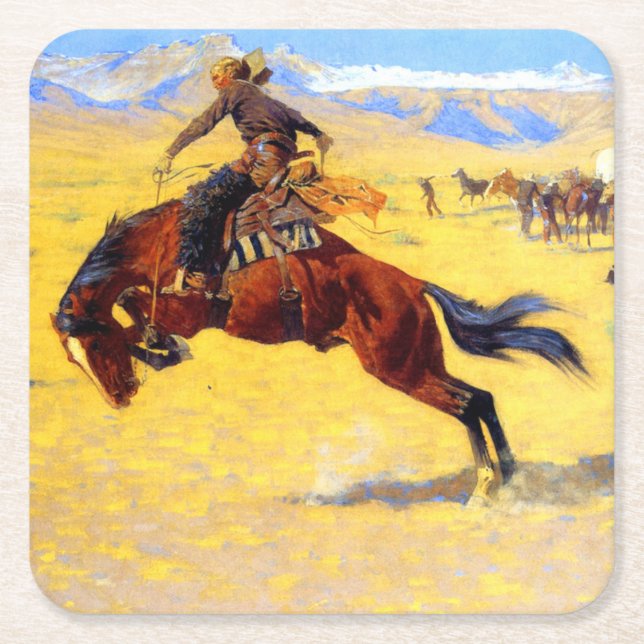 Porta-copo De Papel Quadrado Remington Old West Horse and Cowboy (Frente)