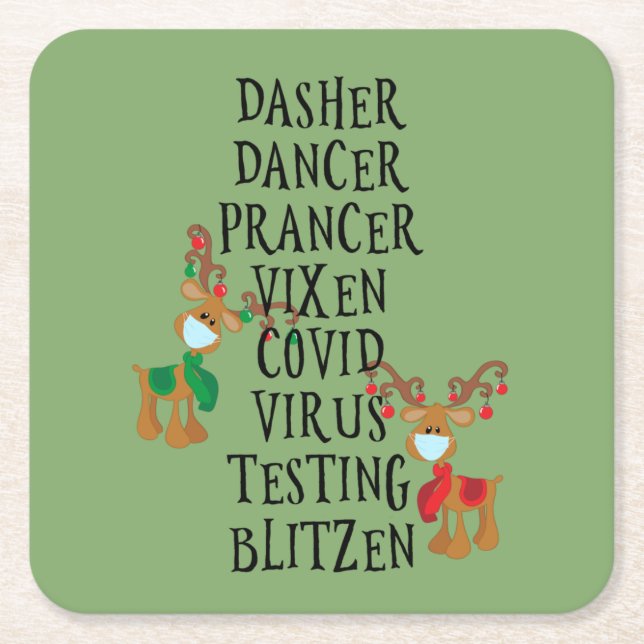 Porta-copo De Papel Quadrado Rena de Natal Covid 2020 Natal Divertido (Frente)