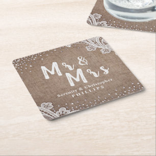 Porta-copo De Papel Quadrado Renda de aniagem brilho prateado Mr & Mrs casament