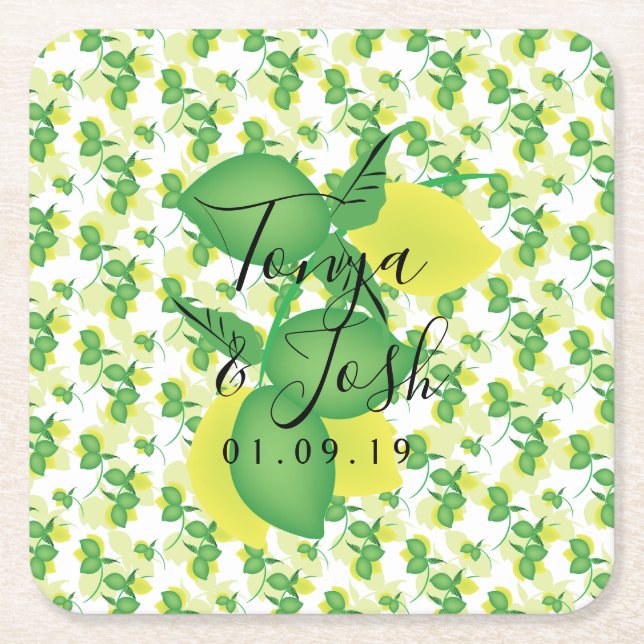 Porta-copo De Papel Quadrado Repetir Silo Limão Lima Casamento Moderno (Frente)