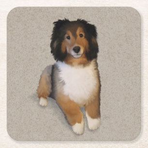 Porta-copo De Papel Quadrado retrato de cão mestiço de Sheltie