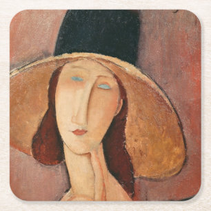 Porta-copo De Papel Quadrado Retrato de Jeanne Hebuterne em um chapéu grande