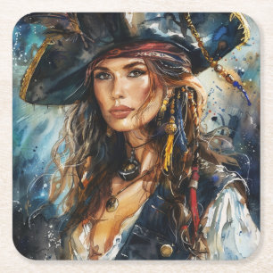 Porta-copo De Papel Quadrado Retrato de Mulher Pirata em Aquarela