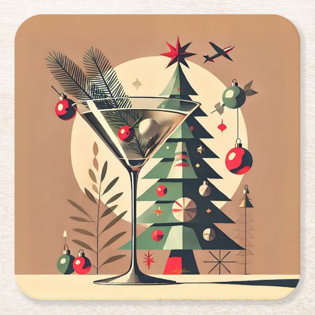 Porta-copo De Papel Quadrado Retro 50s Jet Set Christmas Tree Martini (Frente)