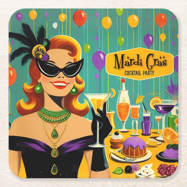 Porta-copo De Papel Quadrado Retro 50s Mardi Gras Martini Cocktail Party (Frente)