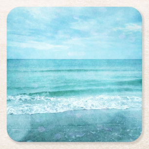 Porta-copo De Papel Quadrado Retro Beach - Coaster Ocean Teal Blue Watercolor