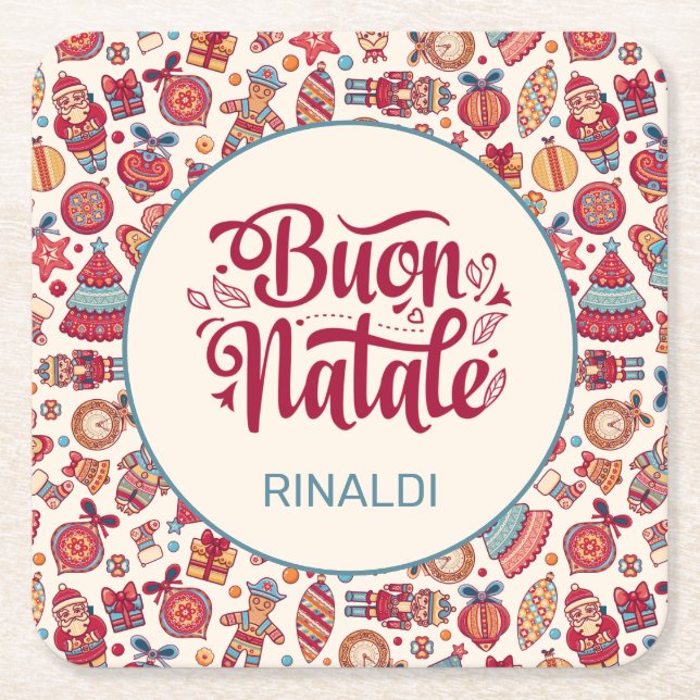 Porta-copo De Papel Quadrado Retro Buon Natale Personalizado (Frente)