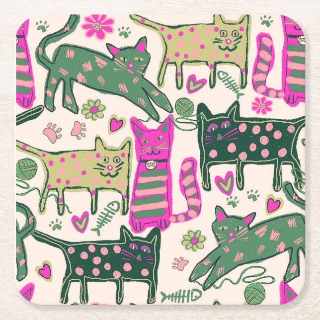 Porta-copo De Papel Quadrado Retro Cats Design (Frente)