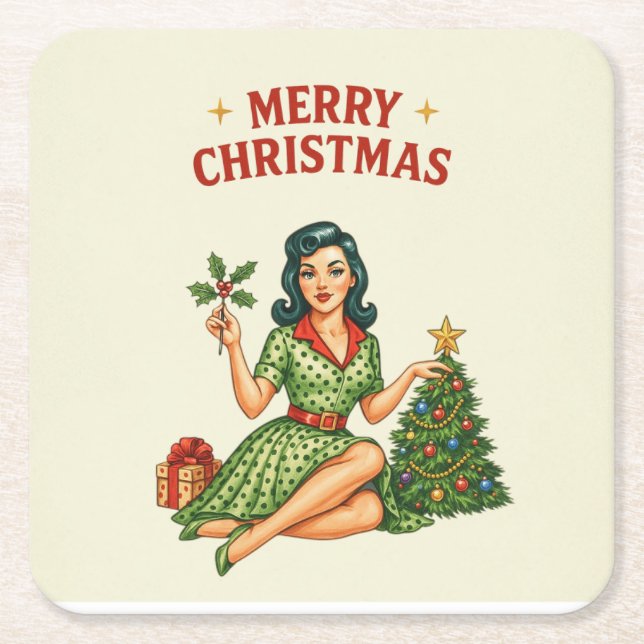 Porta-copo De Papel Quadrado Retro Merry Christmas Pin-Up Paper Coaster (Frente)