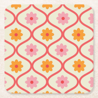 Porta-copo De Papel Quadrado Retro Orange and Pink flowers on Ogee Pattern 