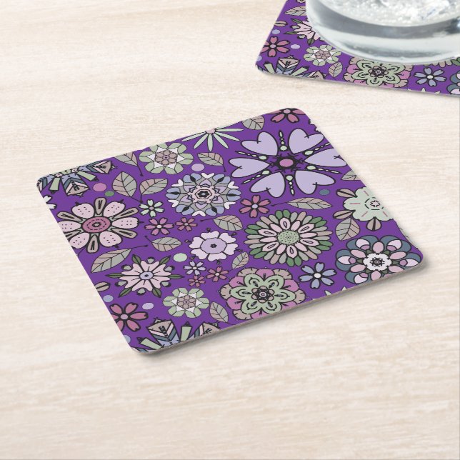 Porta-copo De Papel Quadrado Retro Pastel Pink Purple Floral Seamless Pattern (Inclinado)