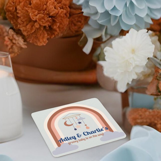 Porta-copo De Papel Quadrado Retro Rainbow Groovy Baby Gender Neutral Chá (Criador carregado)