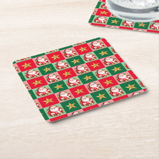 Porta-copo De Papel Quadrado Retro Santa Claus Tartan Xadrez Natal (Inclinado)