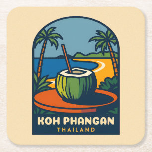 Porta-copo De Papel Quadrado Retro Viagens vintage Ilha Koh Phangan Tailândia