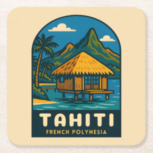 Porta-copo De Papel Quadrado Retro Vintage Viagem Taiti Polinésia Francesa Prai