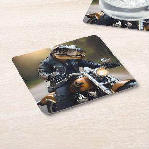 Porta-copo De Papel Quadrado **"Rex Revved Up: T-Rex em couro em uma moto