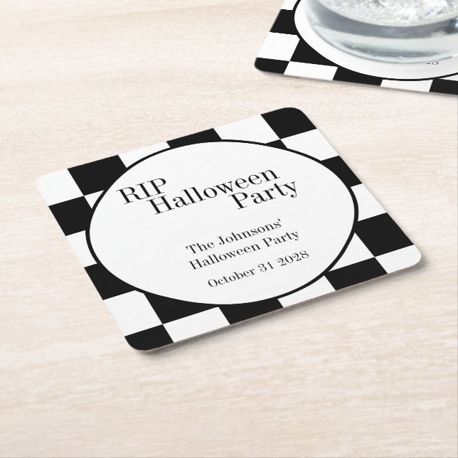 Porta-copo De Papel Quadrado RIP Halloween Black and White Check Party (Inclinado)