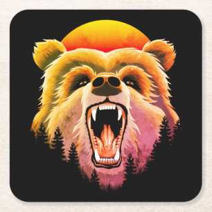 Porta-copo De Papel Quadrado Roaring Grizzly Bear Face