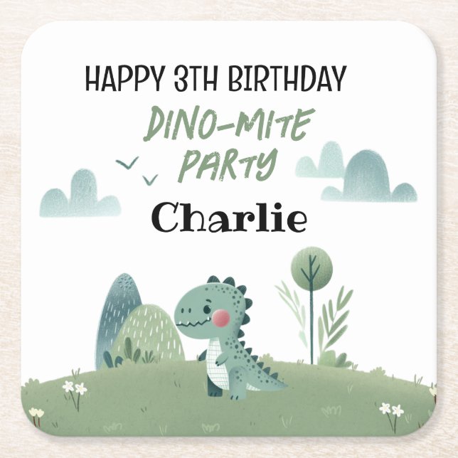 Porta-copo De Papel Quadrado Roarsome Dino Birthday  (Frente)