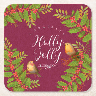 Porta-copo De Papel Quadrado Robin Birds Holly Berry Wine
