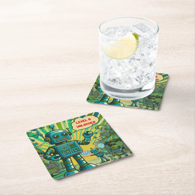 Porta-copo De Papel Quadrado Robô personalizável de menino de aniversário (Insitu)