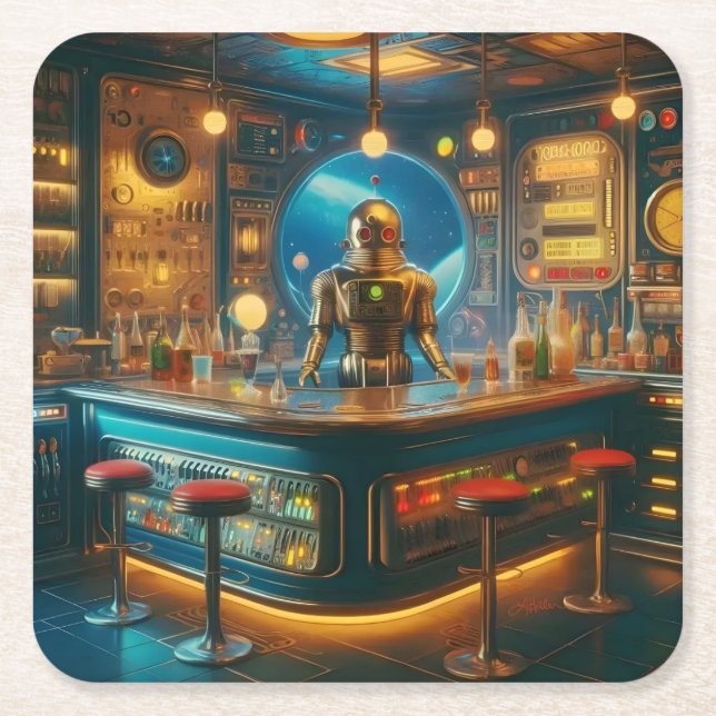 Porta-copo De Papel Quadrado Robot Bartender in Interstellar Space Age Dive Bar (Frente)
