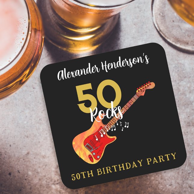 Porta-copo De Papel Quadrado Rock and Roll 50th Festa de aniversário (50 Rocks funky guitar cool gold and black 50th birthday party paper coaster personalized for him)