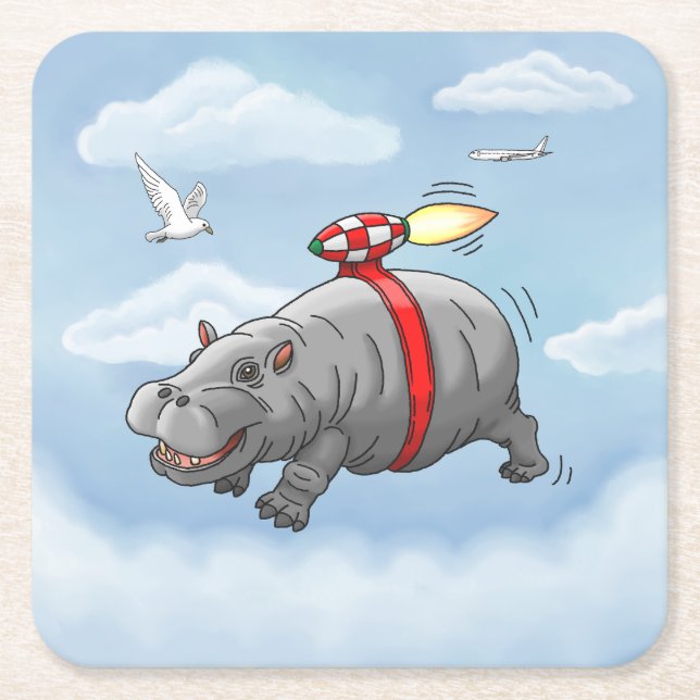 Porta-copo De Papel Quadrado Rocket Hippo Birthday (Frente)
