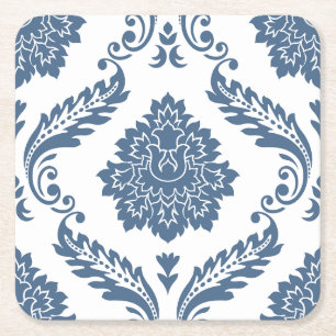Porta-copo De Papel Quadrado Rococo Damask Padrão Grande Azul no Branco