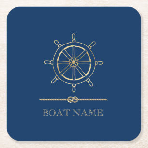 Porta-copo De Papel Quadrado Roda de Leme Náutico Dourada, Azul Marinho   