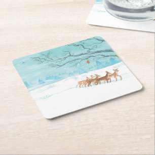 Porta-copo De Papel Quadrado Roe Deer na floresta de inverno coberta de neve