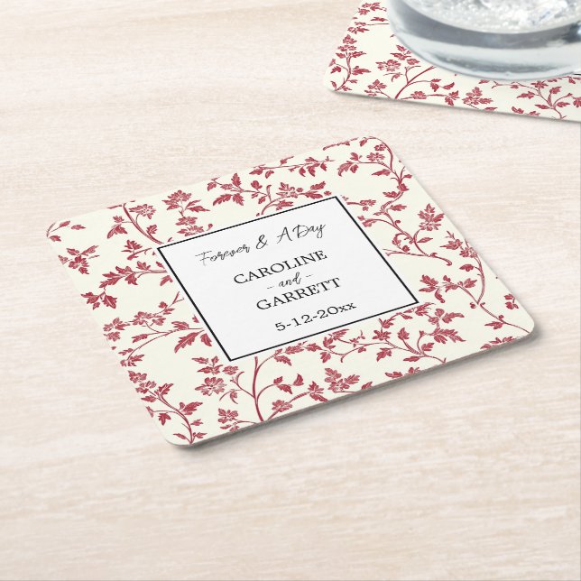 Porta-copo De Papel Quadrado Romantic Cream Red Leaves Wedding (Inclinado)