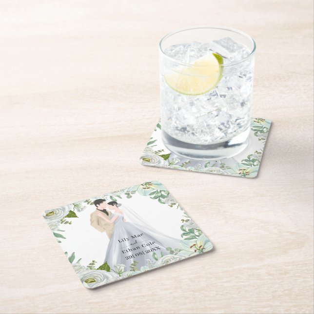 Porta-copo De Papel Quadrado Romantic Watercolor Wedding (Insitu)