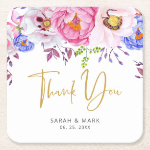 Porta-copo De Papel Quadrado Romântica Blush e Dourado Obrigado Casamento