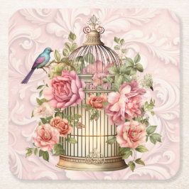 Porta-copo De Papel Quadrado Romântico Cage de Pássaros Floral Aquarela Vintage