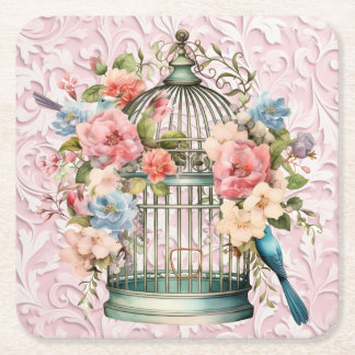 Porta-copo De Papel Quadrado Romântico Cage de Pássaros Floral Aquarela Vintage