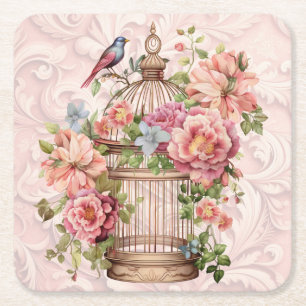 Porta-copo De Papel Quadrado Romântico Cage de Pássaros Floral Aquarela Vintage