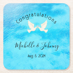 Porta-copo De Papel Quadrado Romântico - duas pombas com coração rosa em azul