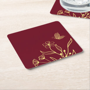 Porta-copo De Papel Quadrado Romântico elegante flor de ouro casamentos burgund