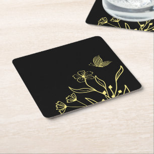 Porta-copo De Papel Quadrado Romântico elegante floral dourado casamento preto