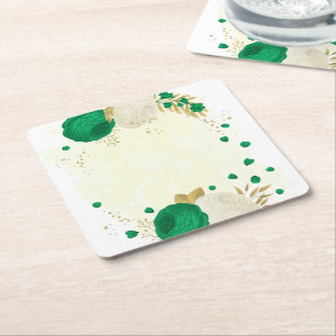 Porta-copo De Papel Quadrado Romântico esmeralda verde e flores brancas dourado