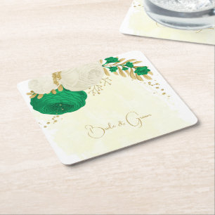 Porta-copo De Papel Quadrado Romântico esmeralda verde e flores brancas dourado