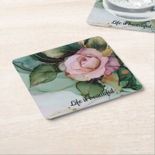 Porta-copo De Papel Quadrado Romântico Rosa Bege Dourado Rosa Floral Chá de Noi